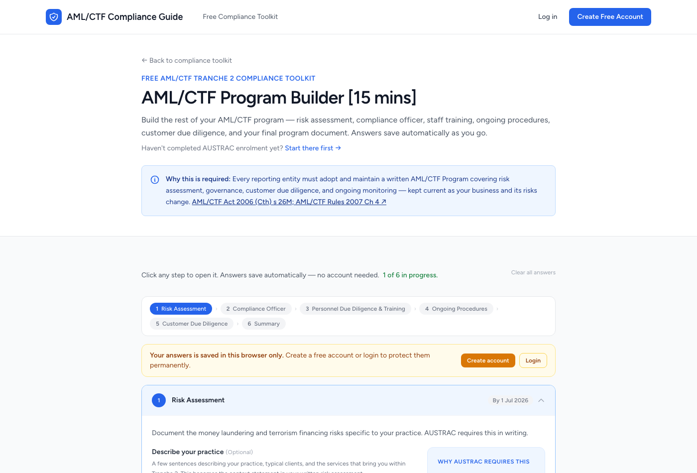 AML/CTF program builder showing a 6-step progress tracker with autosaved answers