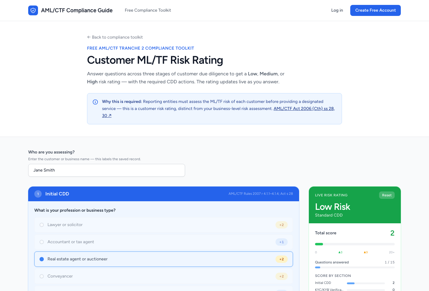 Live customer ML/TF risk rating tool scoring a real estate agent as Low Risk with a running total score