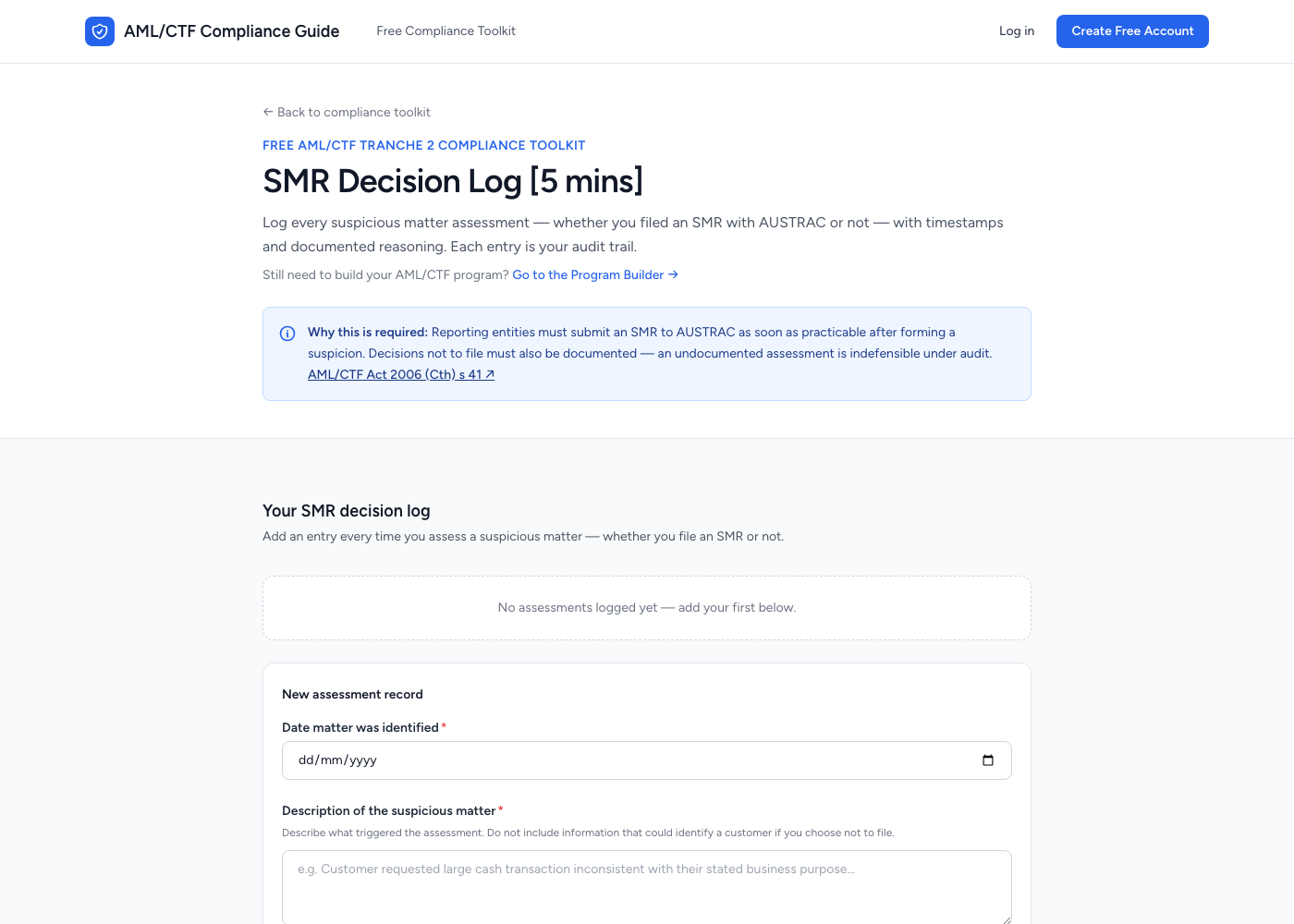 SMR decision log form with fields for date, description of the suspicious matter, and documented reasoning